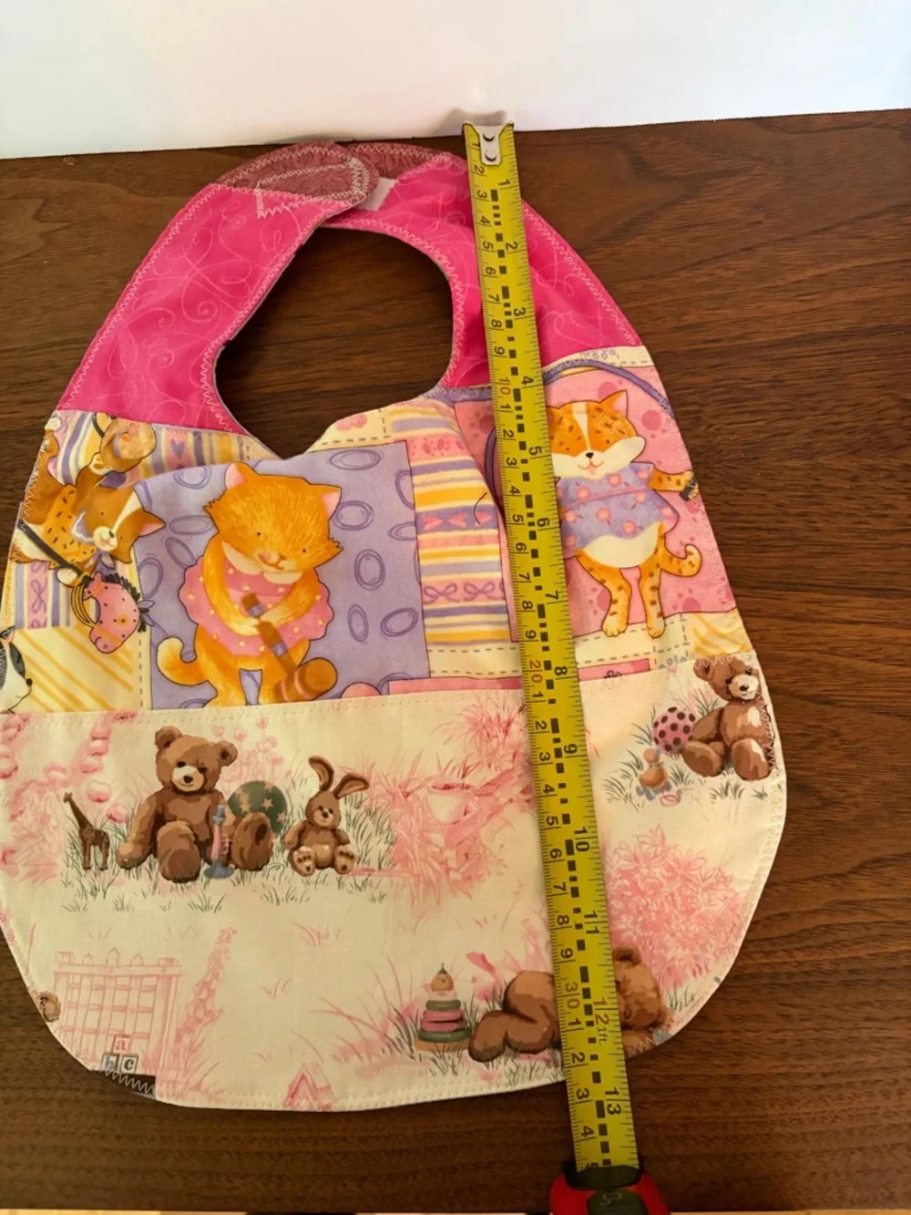 NEW Pink Patchwork Reversible Baby Girl Bib. Cats, Teddy Bears, Fairies Handmade